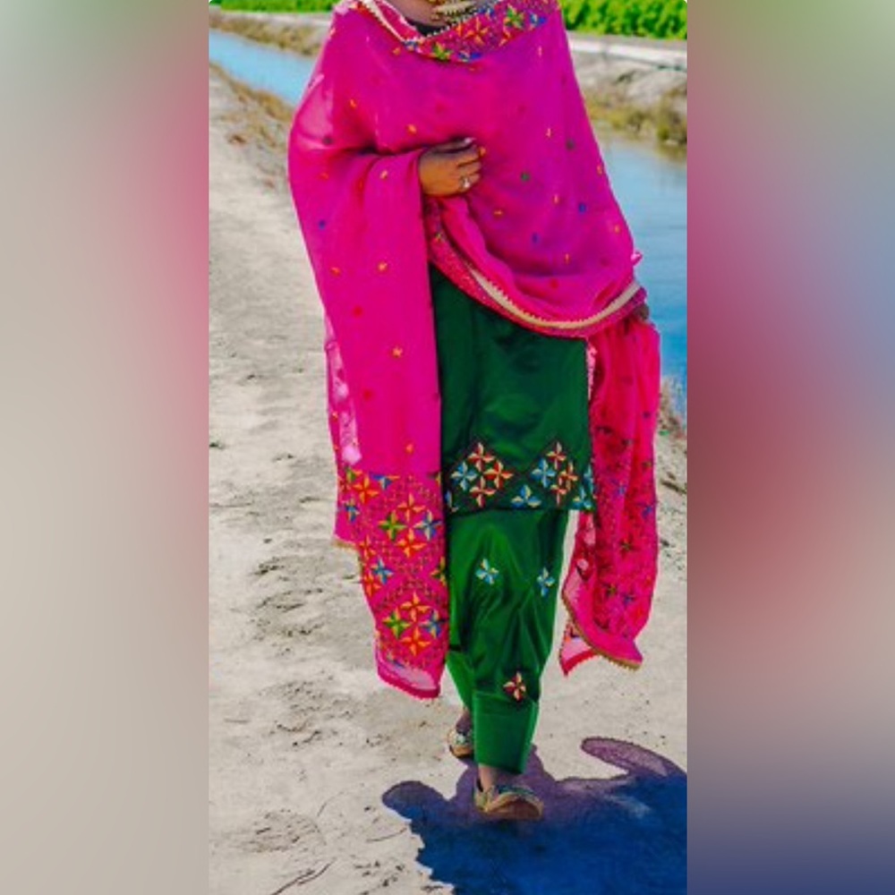 Bottle Green Thread work with Phulkari Suit